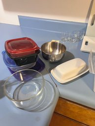 A Group Of Bowls, Butter Dish, Storage Containers