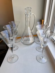 Vintage Decanter And 6 Etched Wine Glasses
