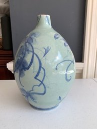 Blue And White Floral Vase Signed 8' Tall