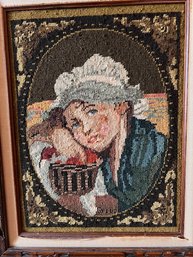 Vintage 1970's Framed Needlework Of A Young Woman Approx 16 X 20 OSM