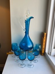 MCM Turquoise Decanter And 6 Wine Glasses
