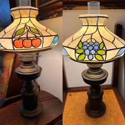 A Pair Of Vintage Hand Painted Glass And Brass Table Lamps