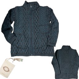 Deep Teal  Cable Zip Front Aran Sweater 1005 Marino Wool NWT