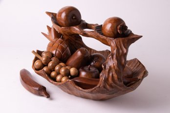 Large Walnut Bowl With Carved Wooden Fruits Etc
