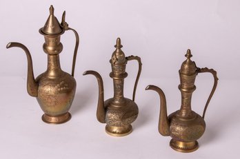 3 Vintage Aftaba Pitchers Etched Brass