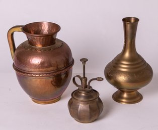 Copper And Brass Pitcher, Brass Oil Can And Vase