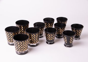 Set Of 11 Black And Gold George Briard Glasses  2 Sizes Low Balls  5 Of Each