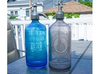 2 Vintage Seltzer Bottles 1 Blue One Pink?