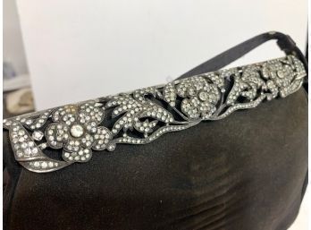 Stunning Floral Marcasite Frame Black Suede Evening Bag Made In France