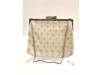 Antique Cream Diamond Beaded Bag With Silver Frame