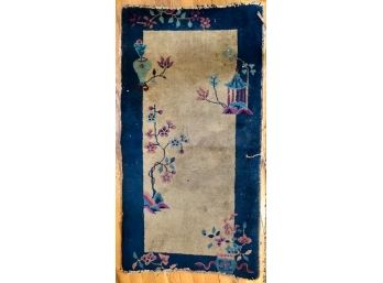 Vintage Chinese Art Deco Runner Navy Border Cream Center Floral