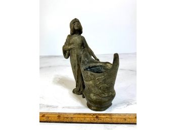 Bronze Art Nouveau Young Woman Standing  With Basket , Cherub On Basket