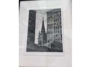 Frederick Mershimer Dusk 1984 Etching Grace Church Image Size 10 5/8 X 8 1/4 Framed