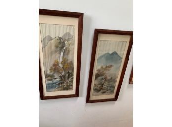 Pair Of Antique Framed Asian Watercolors On Silk , Original Walnut Frames