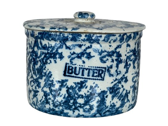 BLUE And WHITE SPONGEWARE BUTTER CROCK With LID