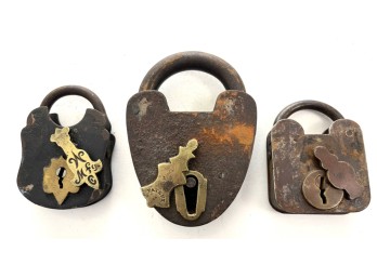 (3) ANTIQUE IRON AND BRASS PADLOCKS