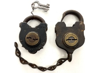 (2) ANTIQUE IRON AND BRASS PADLOCKS