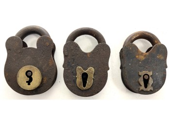 (3) ANTIQUE IRON AND BRASS SMOKEHOUSE PADLOCKS