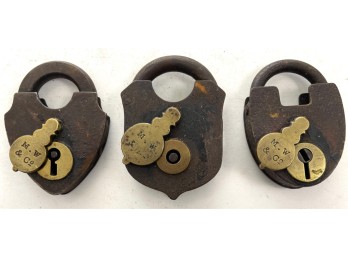 (3) ANTIQUE MALLORY WHEELER IRON & BRASS PADLOCKS