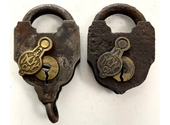 (2) ANTIQUE MALLORY WHEELER IRON & BRASS PADLOCKS