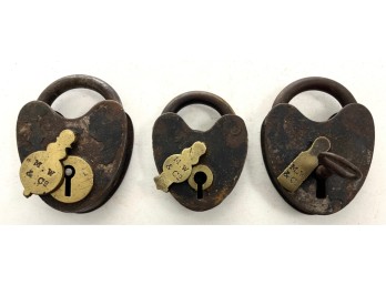 (3) ANTIQUE HEART FORM MALLORY WHEELER PADLOCKS