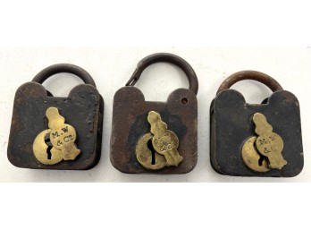 (3) ANTIQUE SMOKEHOUSE MALLORY WHEELER PADLOCKS