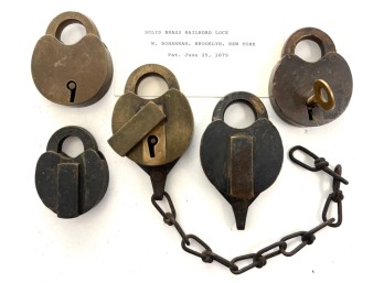 (5) ANTIQUE BRASS W. BOHANNAN PADLOCKS