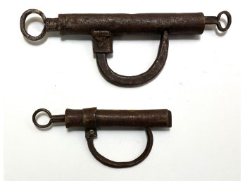 (2) LARGE ANTIQUE SCREW KEY IRON PADLOCKS