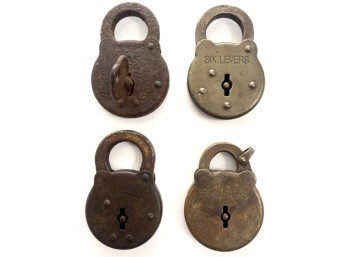 (4) ANTIQUE SIX LEVER STEEL PADLOCKS