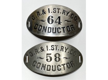 (2) VINTAGE STREET CONDUCTOR HAT METAL BADGES