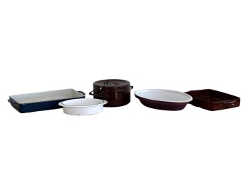 (4) ENAMELED and (1) GLAZED PORCELAIN OVENWARES