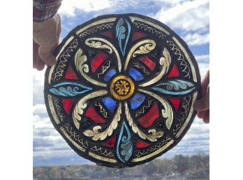 POSSIBLY (16th C) GOTHIC ROSE LEADED STAINED GLASS ROUNDEL