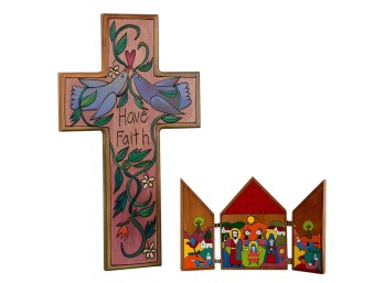 VINTAGE CARVED & PAINTED TRIPTYCH & CROSS