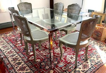 GLASS AND CHROME DINING TABLE W/ EXTENSION LEAVES