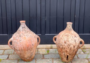 (2) SIMILAR DECORATIVE TERRA COTTA OLIVE OIL JUGS