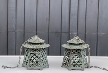 DECORATIVE CAST IRON HANGING PAGODA CANDLE HOLDERS