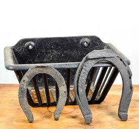 (3) WROUGHT IRON PCS: (2) HORSESHOES & BASKET