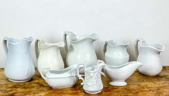 GROUP (6) IRONSTONE PITCHERS & (2) SAUCE BOATS