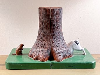 CARVED & PAINTED 'TERRIER AND WOODCHUCK' BOOKENDS