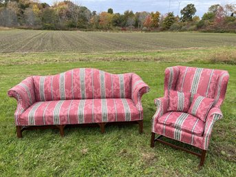 CHIPPENDALE STYLE SOFA  AND MATCHING ARM CHAIR