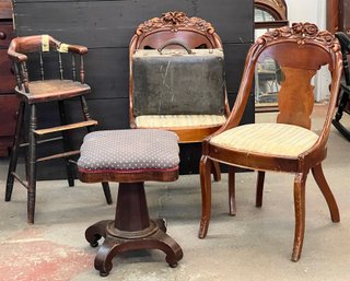 ARMCHAIRS, EMPIRE PIANO STOOL, LUGGAGE & HIGHCHAIR
