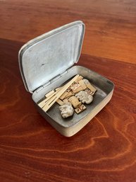 NICKEL BOX With CARVED BONE DOMINOS & STONE ELEPHANTS