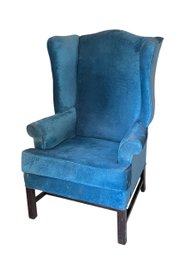 BLUE UPHOLSTERED WINGBACK W MAHOGANY FRAME