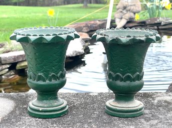 PAIR OF VICTORIAN CHALKWARE URNS In GREEN PAINT