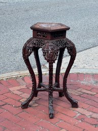 CARVED CHINESE TEAK PLANT STAND With MARBLE TOP