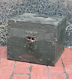 (18th C) IRON CLAD DOCUMENT BOX In GREEN PAINT