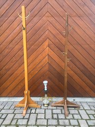 (2) OAK COAT STANDS & GLASS TABLE LAMP With ROSES