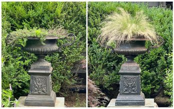 PAIR NEOCLASSICAL CAST IRON URNS ON PLINTH