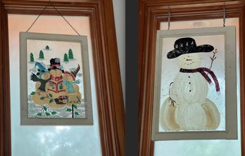 (2) SNOWMAN PAINTINGS On GLASS