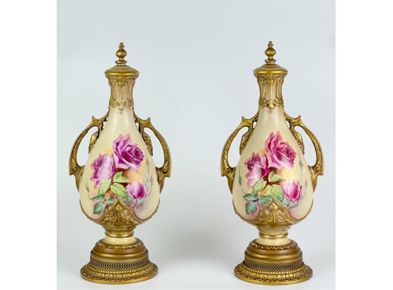 PAIR SIGNED ROSE DECORATED ROYAL WORCESTER VASES